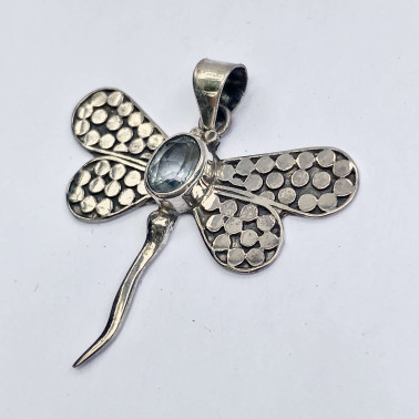 PD 09270 BT-(HANDMADE 925 BALI STERLING SILVER DRAGONFLY PENDANT WITH BLUE TOPAZ)